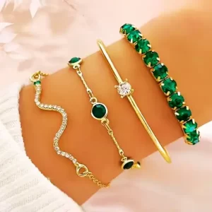Kit Conjunto 4 Pulseiras Bracelete Feminino Verde Dourada