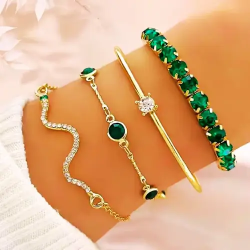 Kit Conjunto 4 Pulseiras Bracelete Feminino Verde Dourada