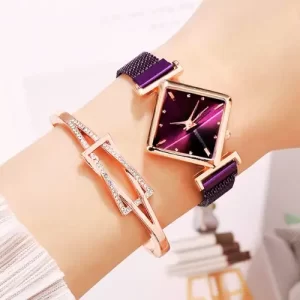 Conjunto Relógio Feminino de Luxo Roxo + Pulseira Delicada