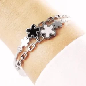 Pulseira Bracelete Feminino Prateado Flor de Aço Inoxidável