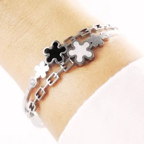 Pulseira Bracelete Feminino Prateado Flor de Aço Inoxidável