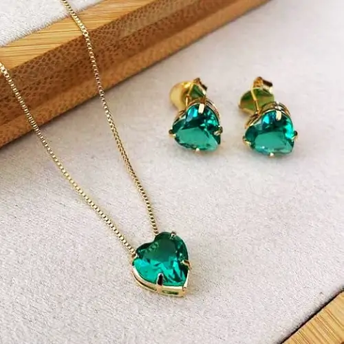 Conjunto Colar e Brinco Biana – Coração com Zircônia Turmalina Banhado a Ouro 18K