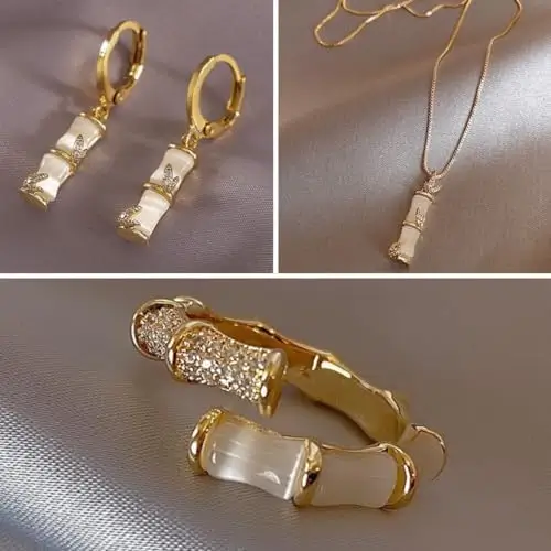 Conjunto Feminino Bamboo - Colar, Brincos e Anel com Pedra Opala, Cristal de Proteção e Zircônias