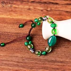 Pulseira Feminina com Pedra Ágata Verde Corda